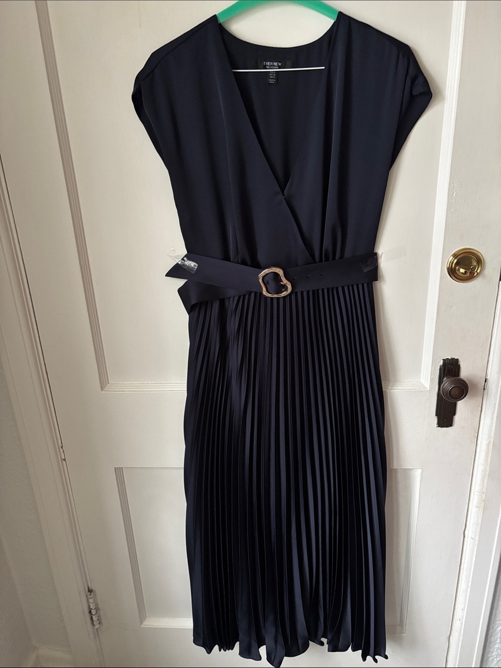 Ever New Navy Pleated V-Neck Midi Dress with Belt